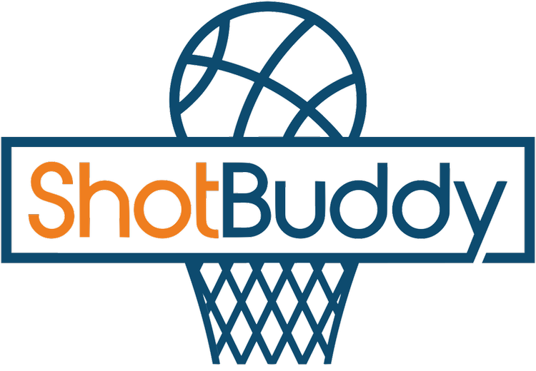 The ShotBuddy logo. A white outline basketball swishing into a white net. The rim of the net is a block of white text that reads, "ShotBuddy".
