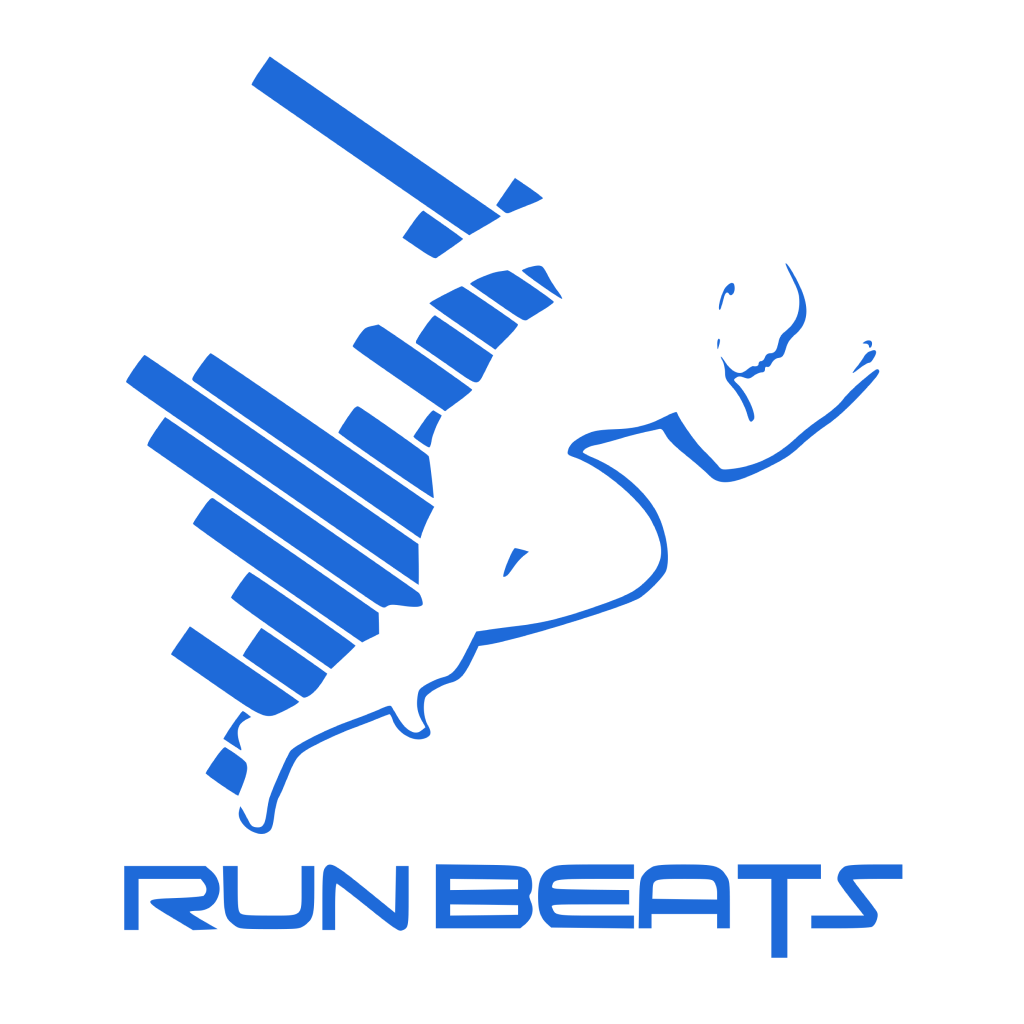 RunBeats logo: blue running figure made of equalizer bars